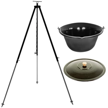 Fekete zománcozott bogrács 30 literes, fedővel, 180 cm-es teleszkópos állvánnyal