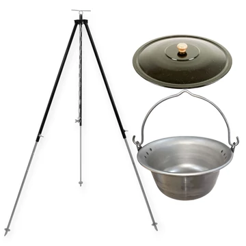 Vas bogrács 22 literes, fedővel, 130 cm-es teleszkópos állvánnyal