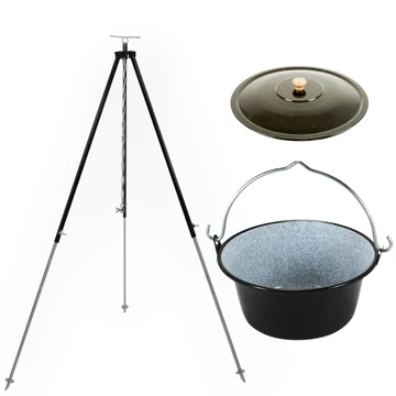Zománcozott bogrács 14 literes, fedővel, 180 cm-es teleszkópos állvánnyal
