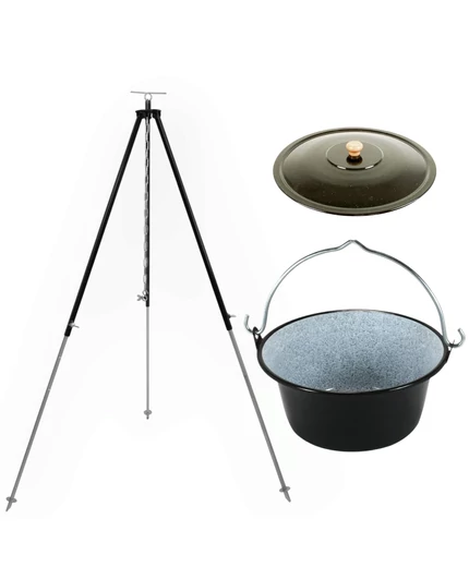 Zománcozott bogrács szettek, fedővel, állvánnyal